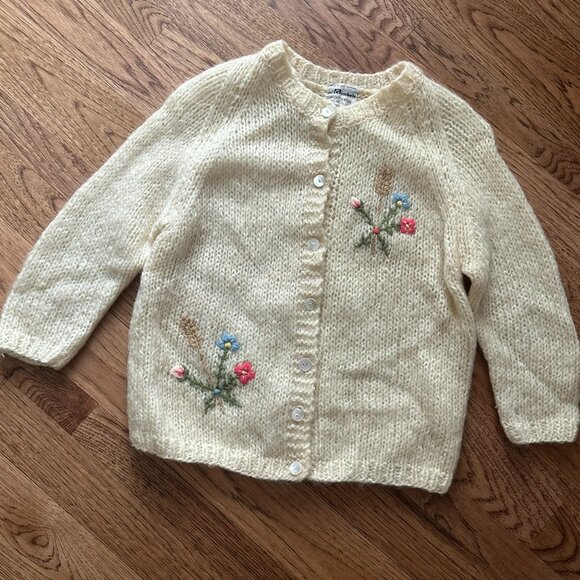 VTG 50s 60s GIMBELS MADE IN ITALY FUZZY MOHAIR EMBROIDERED CARDIGAN SWEATER L - Picture 1 of 6